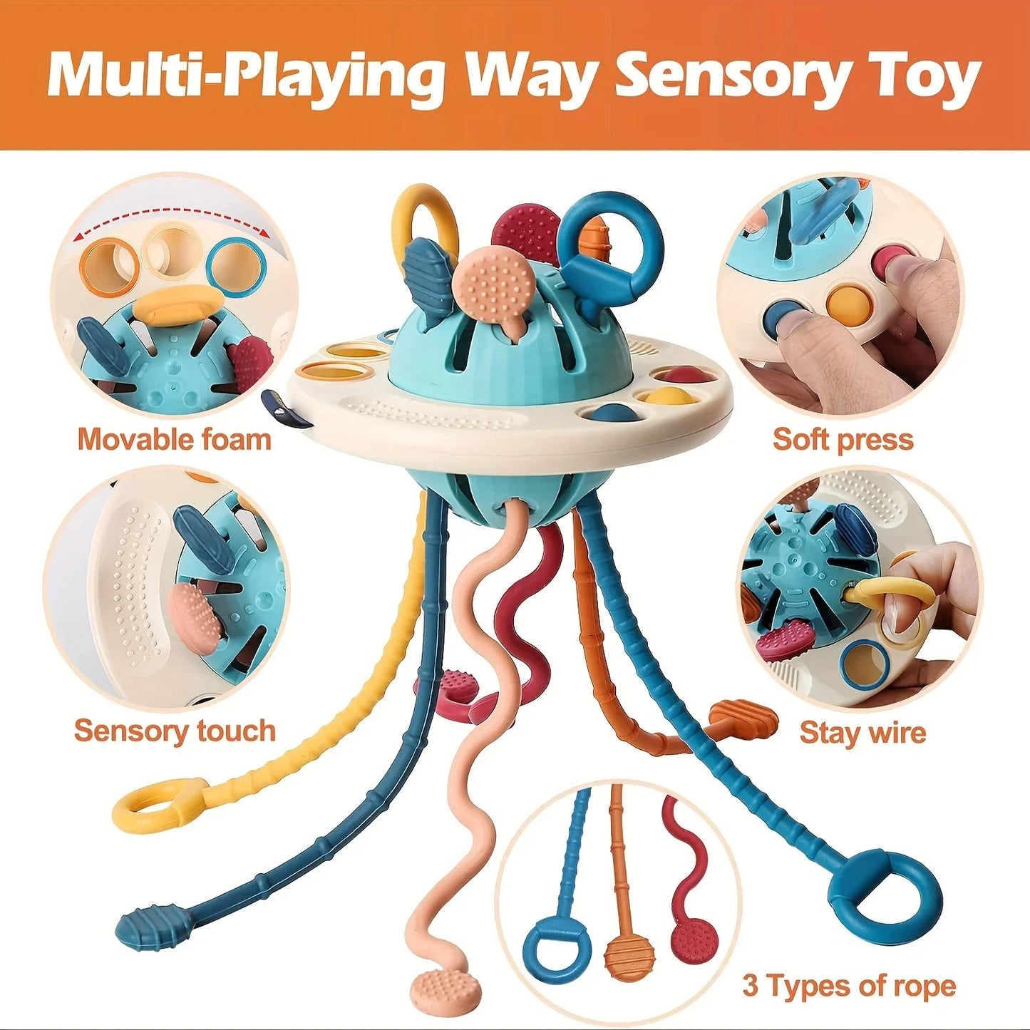 Montessori Sensory Toys for Toddlers 6-18M+, UFO Food Grade Silicone Push & Pull String Activity Toy, Fidget Travel Toys