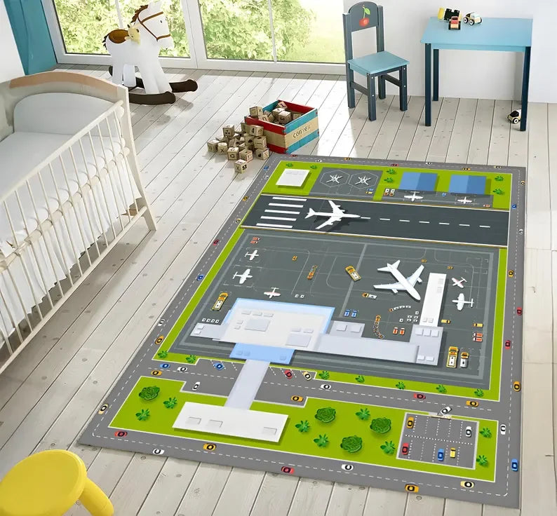 Realistic Airport Play Rug Airplane Terminal and Taxiway Carpet Aviation-Themed Kids Room Mat for Imaginative Play Decoration