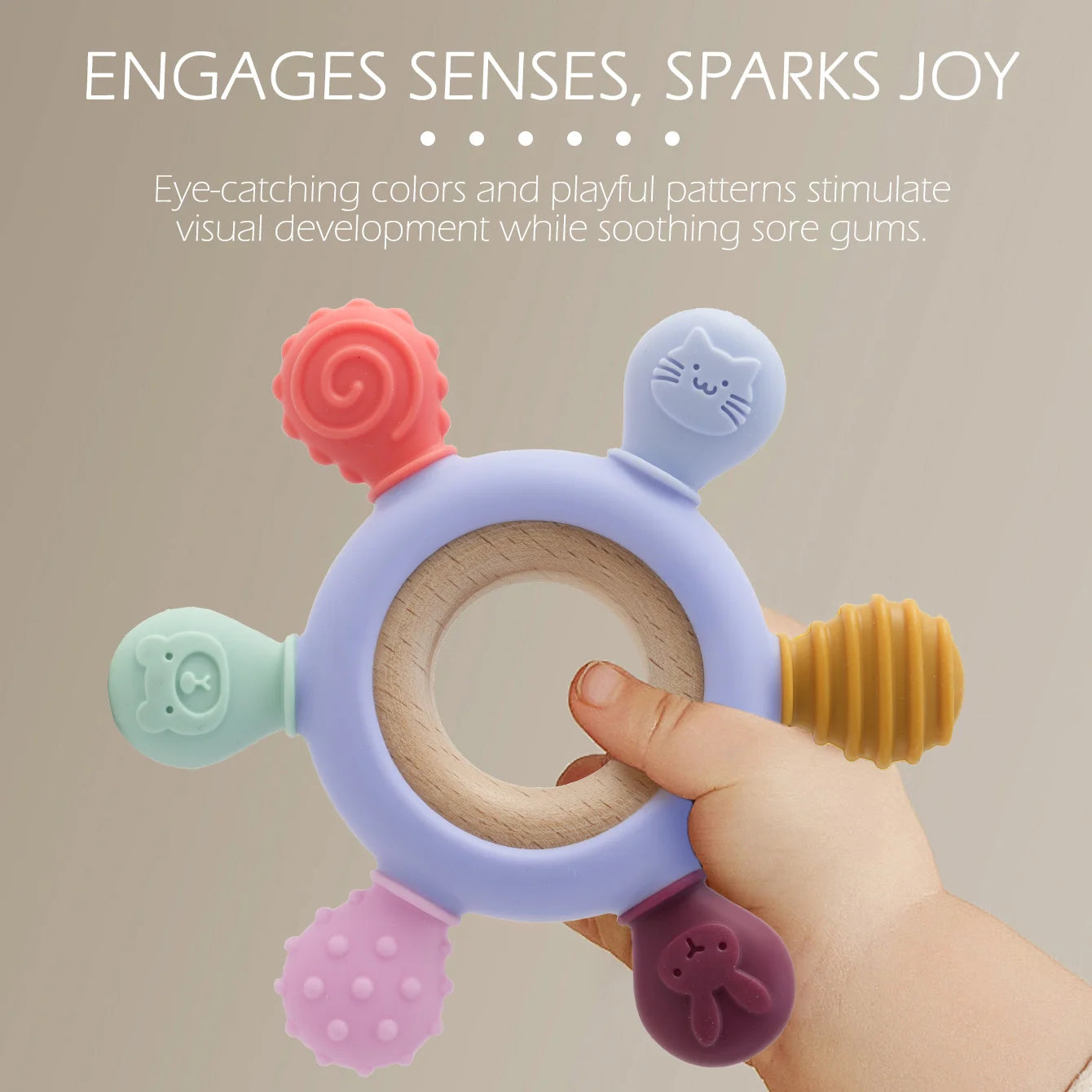 Color Kids 1PCS Silicone Baby Teether Toy BPA Free Wooden Ring Teething Chew Toy Healthy Infant Nursing Gift Newborn