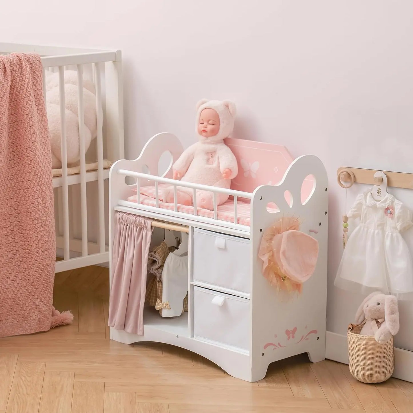 Baby Doll Wooden Crib with Storage & Bedding