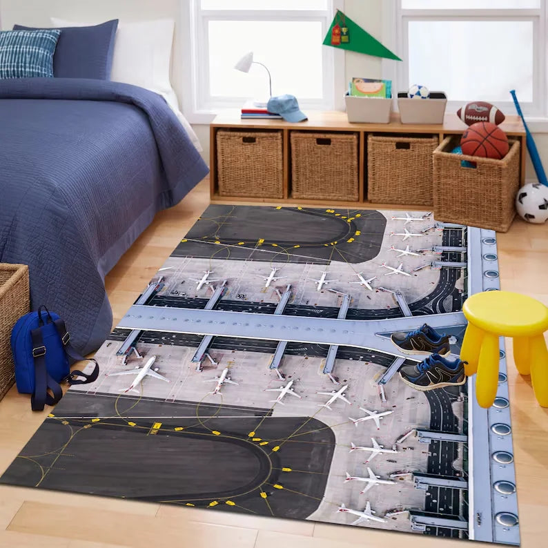 Realistic Airport Play Rug Airplane Terminal and Taxiway Carpet Aviation-Themed Kids Room Mat for Imaginative Play Decoration