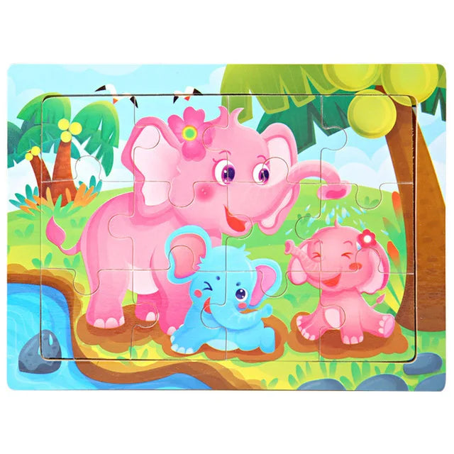 30 piece Montessori Wooden Jigsaw Puzzle - Cartoon Animals, Dinosaurs, and More