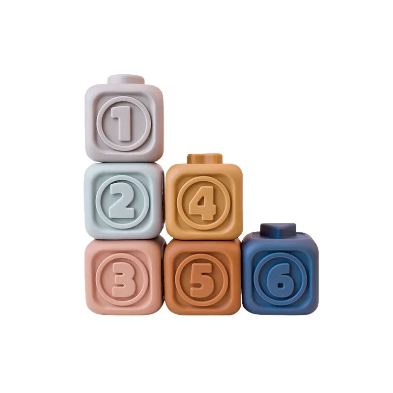 Block Toy Soft Silicone Soft Cubes Stacking Tower Bath Teether Rattles Building Blocks Montessori Educational Toys Newborn Gift
