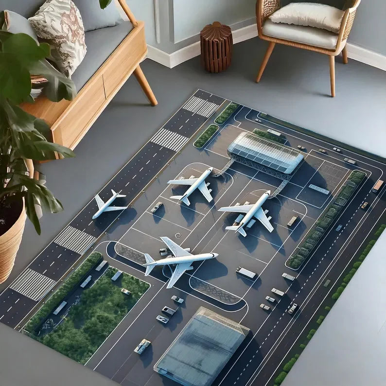 Realistic Airport Play Rug Airplane Terminal and Taxiway Carpet Aviation-Themed Kids Room Mat for Imaginative Play Decoration