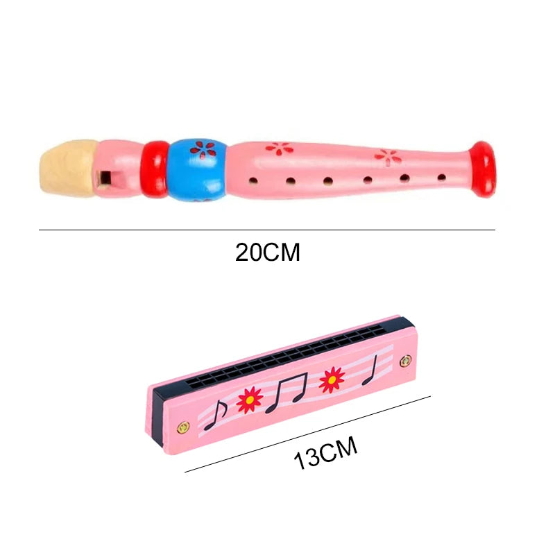 Wooden Cartoon Piccolo & Harmonica 6-Hole Flute 16-Hole Harmonica