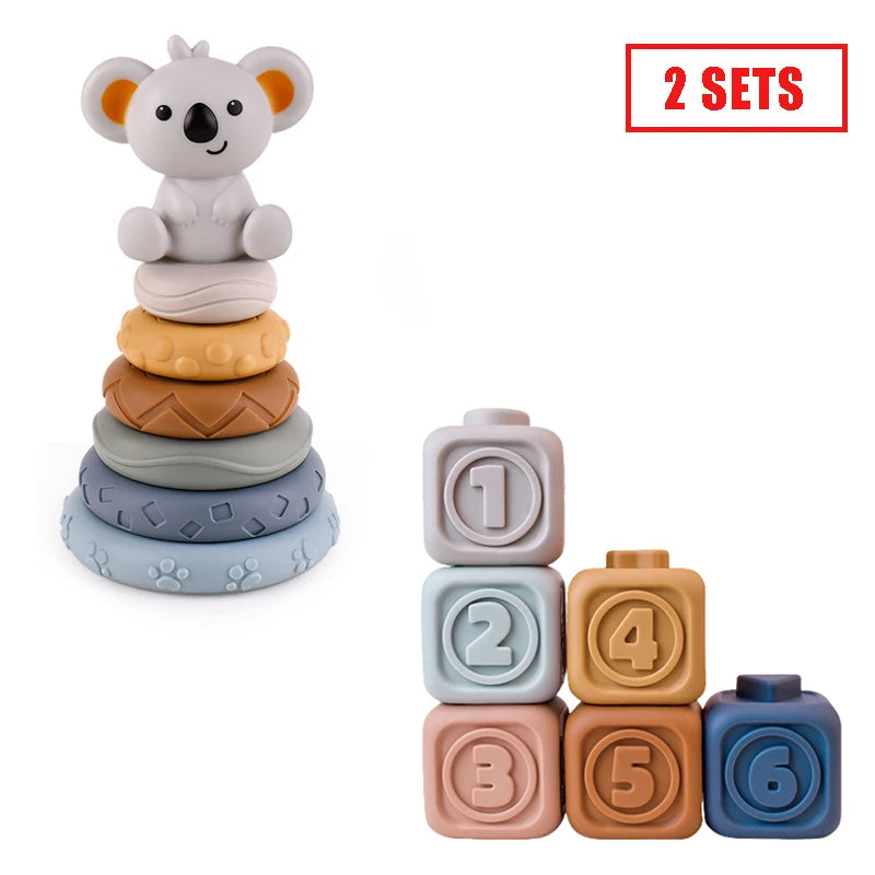 Block Toy Soft Silicone Soft Cubes Stacking Tower Bath Teether Rattles Building Blocks Montessori Educational Toys Newborn Gift