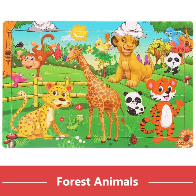 30 piece Montessori Wooden Jigsaw Puzzle - Cartoon Animals, Dinosaurs, and More