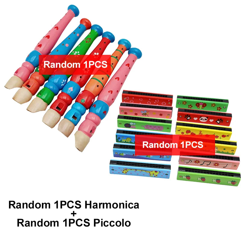 Wooden Cartoon Piccolo & Harmonica 6-Hole Flute 16-Hole Harmonica