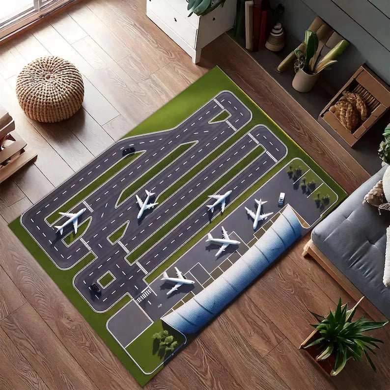 Realistic Airport Play Rug Airplane Terminal and Taxiway Carpet Aviation-Themed Kids Room Mat for Imaginative Play Decoration