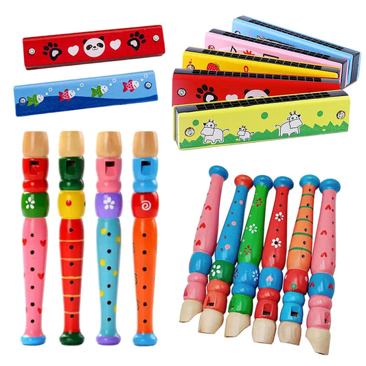 Wooden Cartoon Piccolo & Harmonica 6-Hole Flute 16-Hole Harmonica