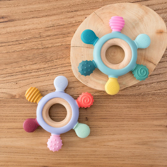 Color Kids 1PCS Silicone Baby Teether Toy BPA Free Wooden Ring Teething Chew Toy Healthy Infant Nursing Gift Newborn