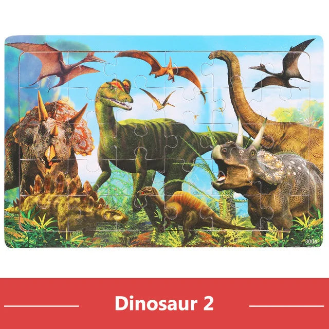 30 piece Montessori Wooden Jigsaw Puzzle - Cartoon Animals, Dinosaurs, and More