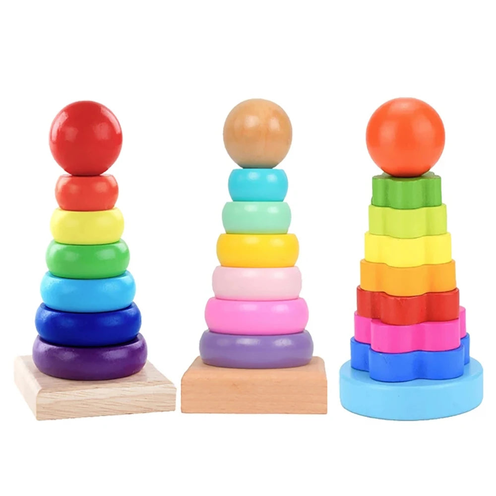 Rainbow Stacker Wooden Ring Educational Toy Kids Tower Stack Up Blocks Color Shape Game Baby Montessori Toys for Children Gifts