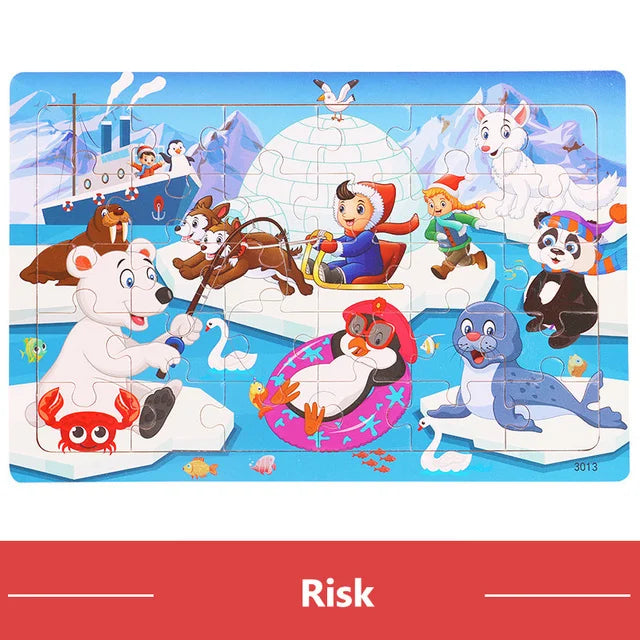 30 piece Montessori Wooden Jigsaw Puzzle - Cartoon Animals, Dinosaurs, and More