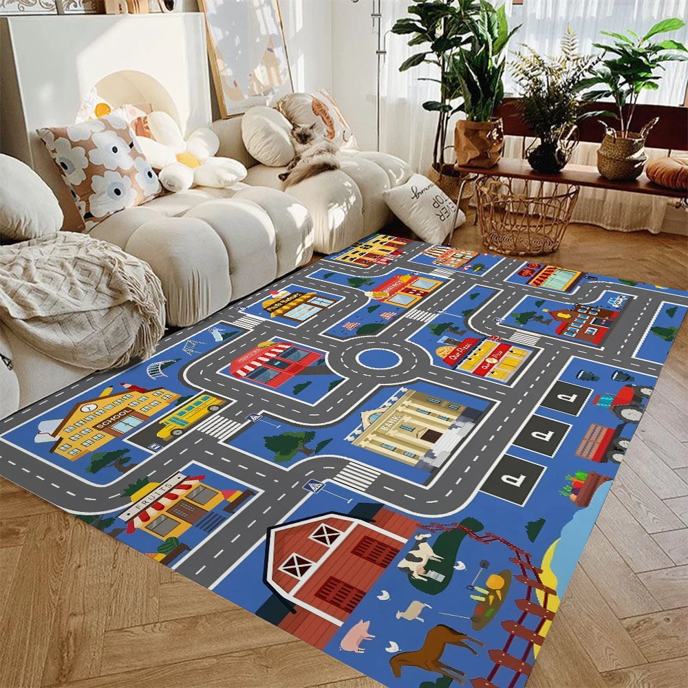 Car Play Mat for Boys and Girls Highway City Traffic-Themed Rugs for Kids Toy Cars Kids Rugs for Playroom Non-Slip Kids Play Rug