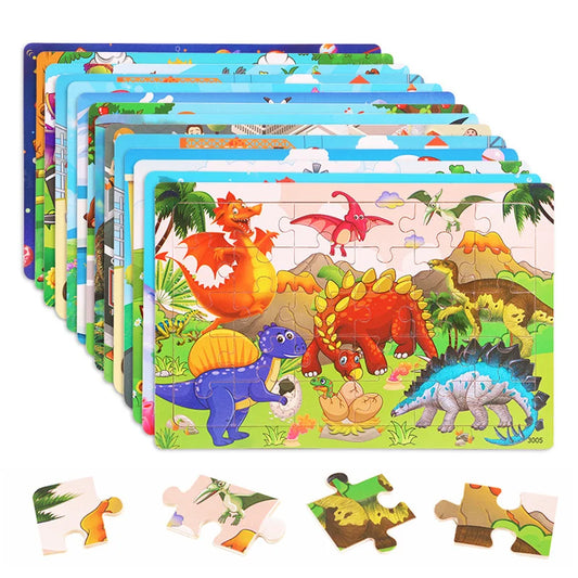 30 piece Montessori Wooden Jigsaw Puzzle - Cartoon Animals, Dinosaurs, and More