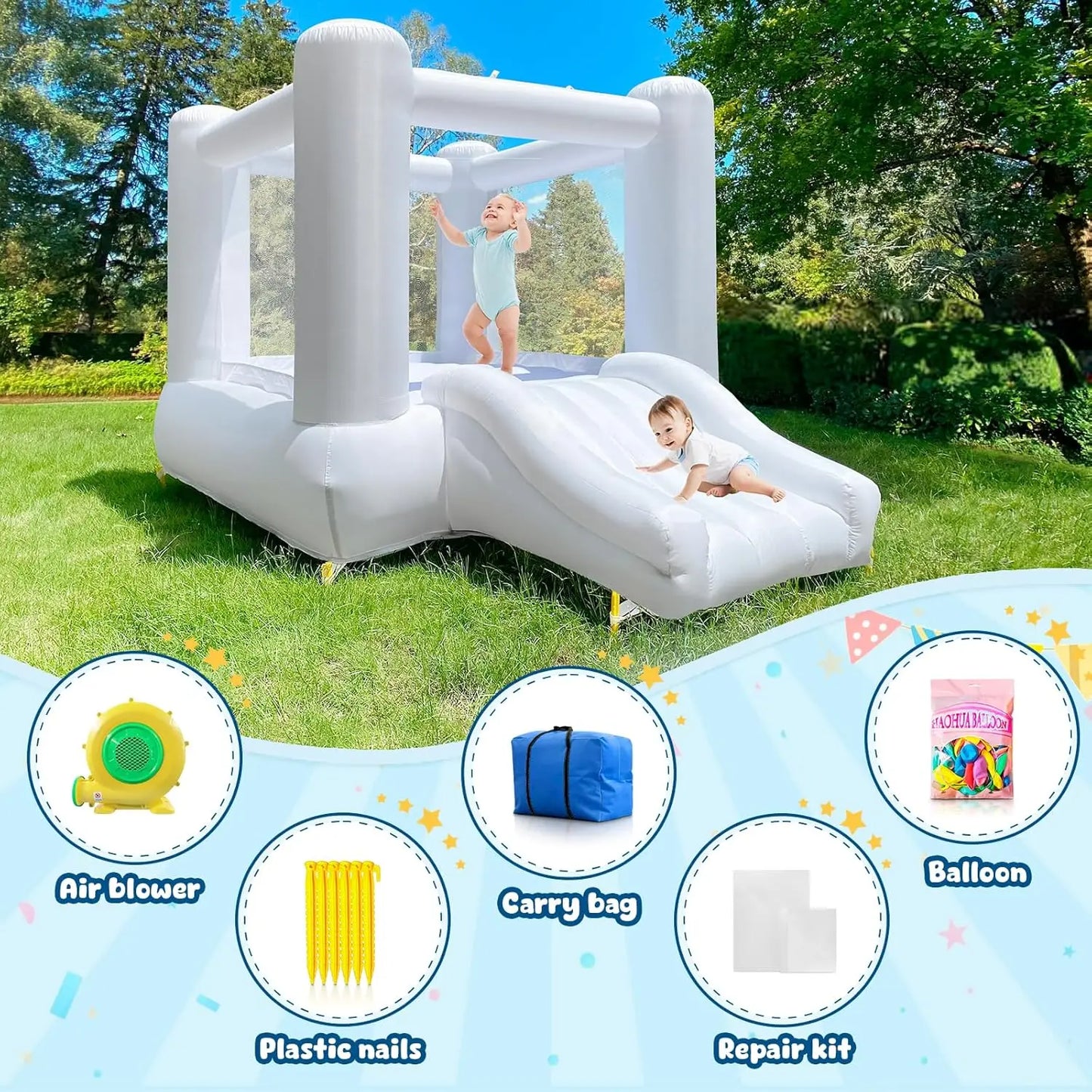 Inflatable White Bounce House With Slide & Blower 9x7x6ft