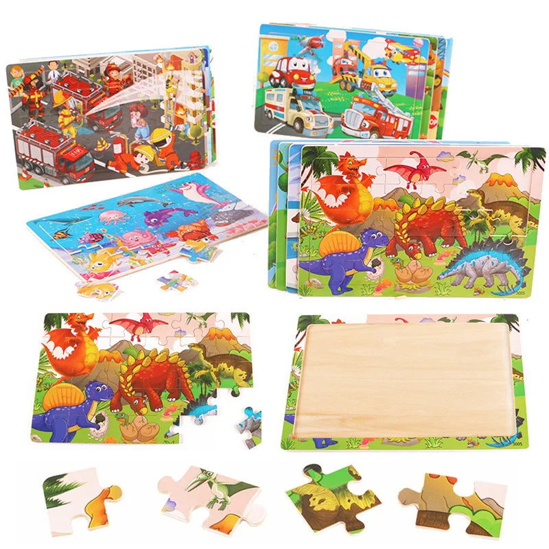 30 piece Montessori Wooden Jigsaw Puzzle - Cartoon Animals, Dinosaurs, and More