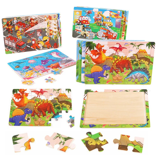 30 piece Montessori Wooden Jigsaw Puzzle - Cartoon Animals, Dinosaurs, and More