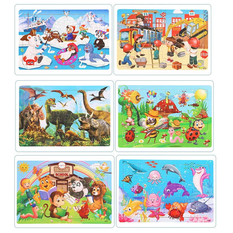 30 piece Montessori Wooden Jigsaw Puzzle - Cartoon Animals, Dinosaurs, and More