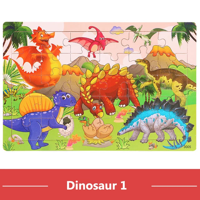 30 piece Montessori Wooden Jigsaw Puzzle - Cartoon Animals, Dinosaurs, and More