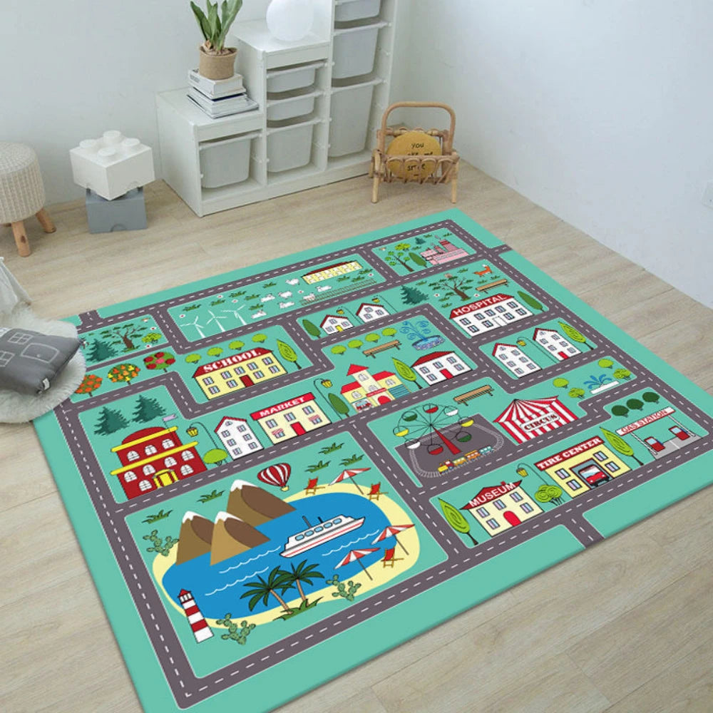 Fun City Transportation Track Carpet Child Play Mat Living Room Decor Sofa Rug Kid's Room Bedside Rug Childcare Room Floor Mat