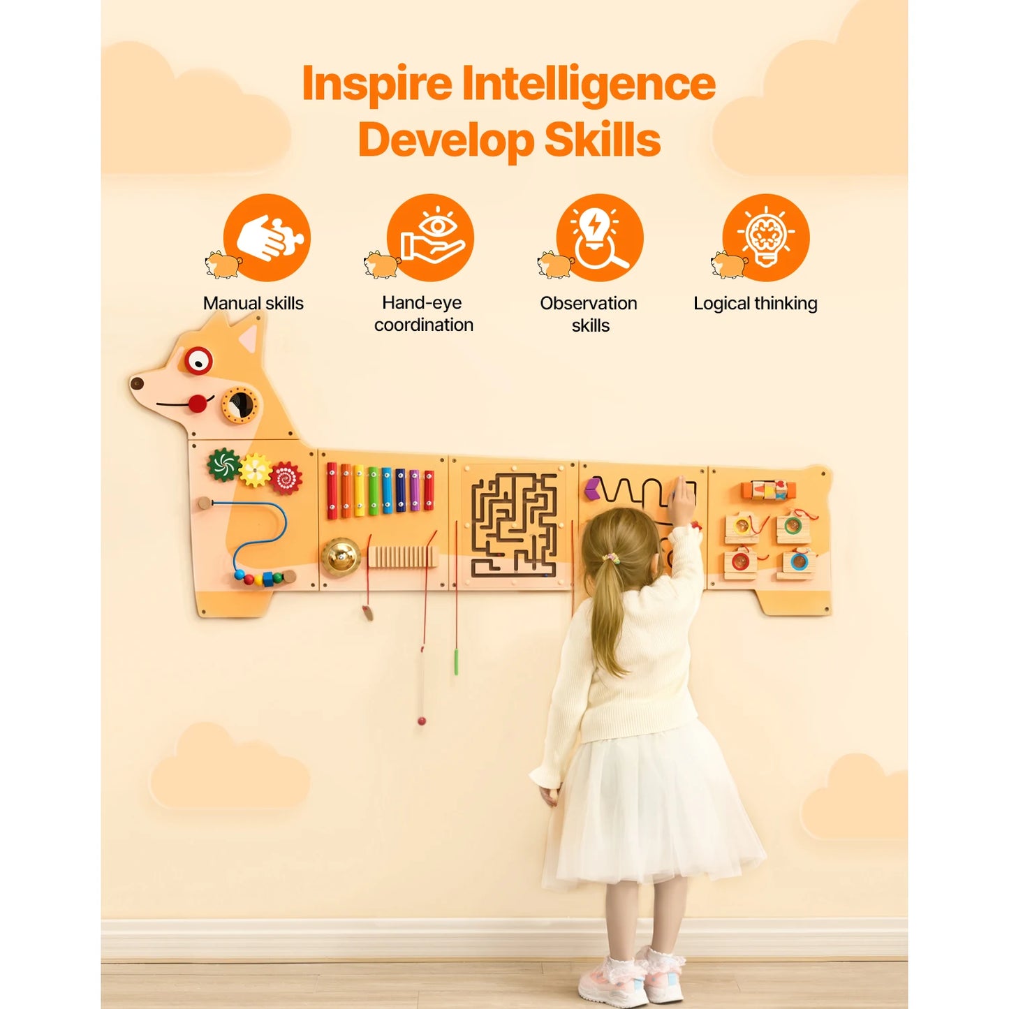 [Ships from USA] Montessori Puppy Kids Wall Busy Board 12-in-1 Activities Sensory Board