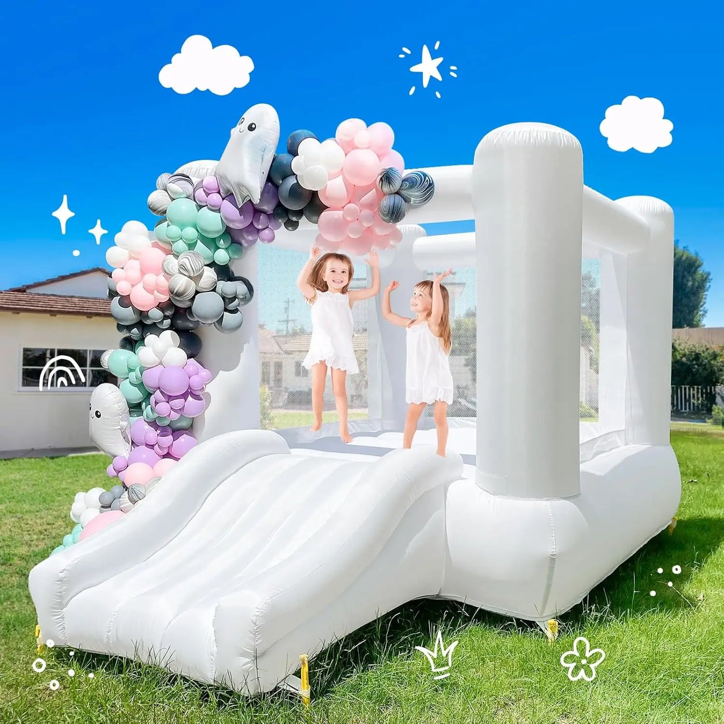 Inflatable White Bounce House With Slide & Blower 9x7x6ft