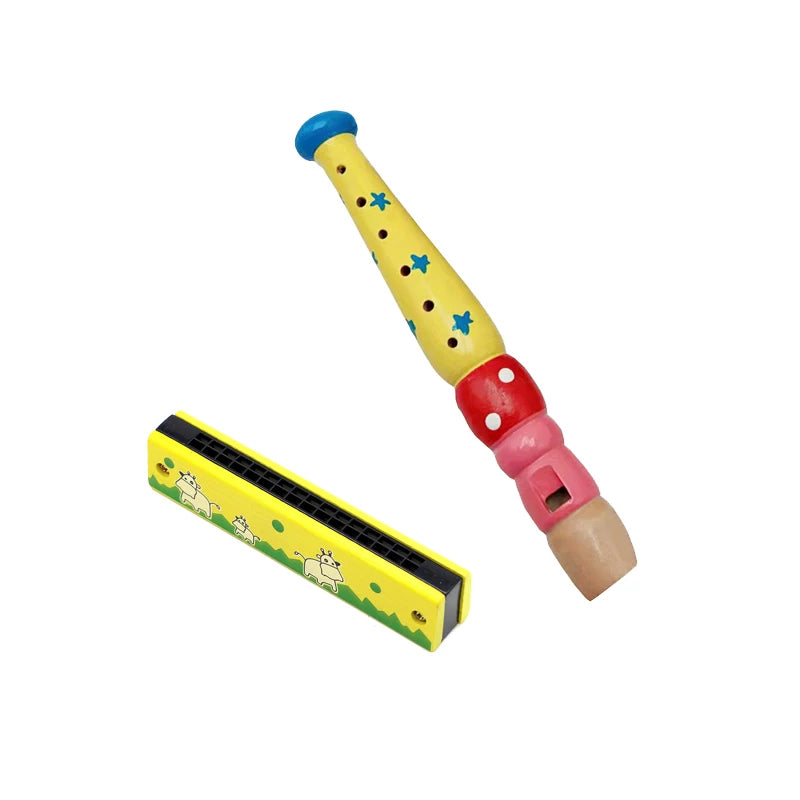 Wooden Cartoon Piccolo & Harmonica 6-Hole Flute 16-Hole Harmonica