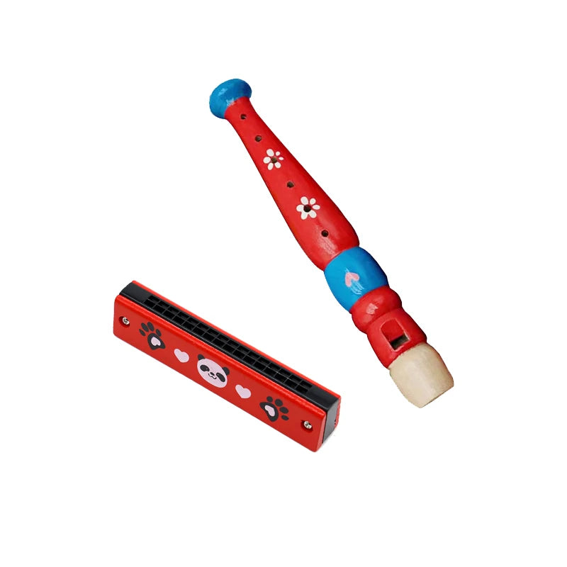Wooden Cartoon Piccolo & Harmonica 6-Hole Flute 16-Hole Harmonica