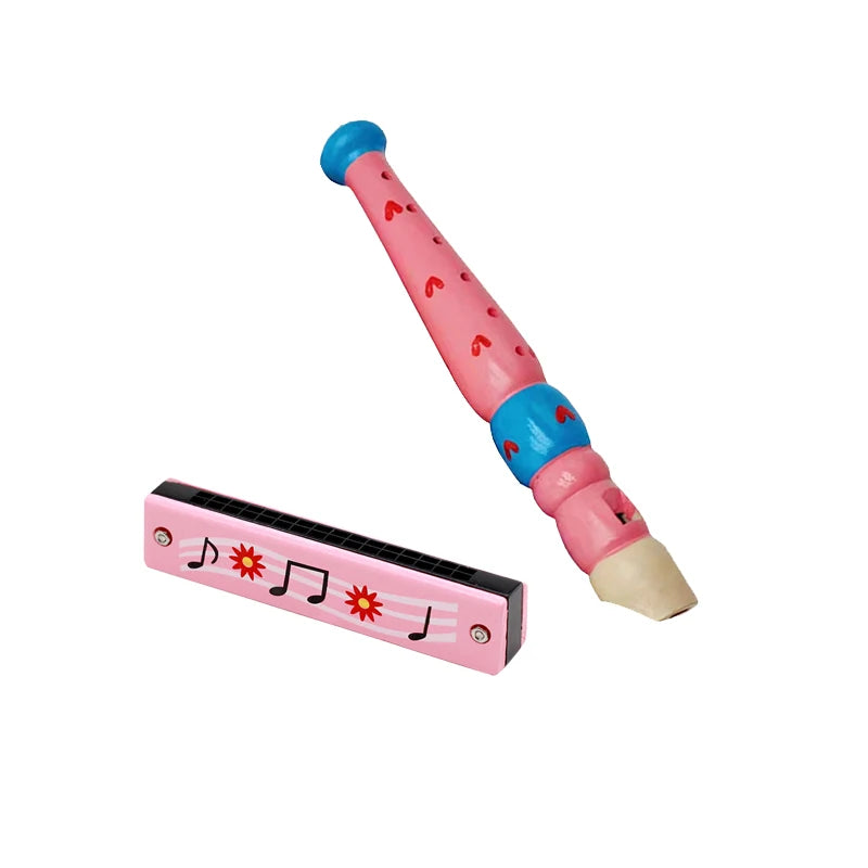 Wooden Cartoon Piccolo & Harmonica 6-Hole Flute 16-Hole Harmonica
