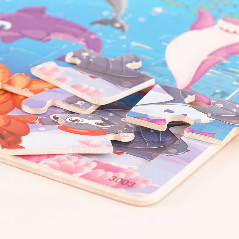 30 piece Montessori Wooden Jigsaw Puzzle - Cartoon Animals, Dinosaurs, and More