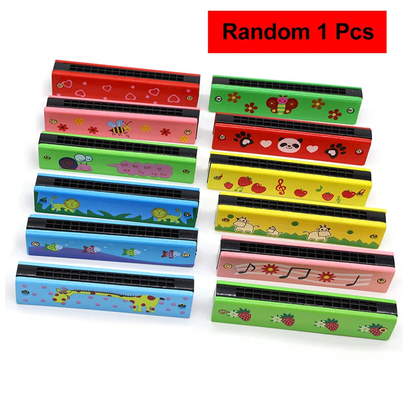 Wooden Cartoon Piccolo & Harmonica 6-Hole Flute 16-Hole Harmonica